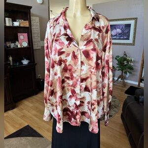 Fashion Nova red, tan & pink. long sleeve silky blouse-size XXXL